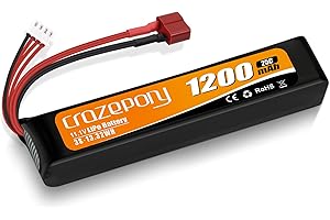 Crazepony Airsoft Battery 11.1V 1200mAh Rechargeable 3S LiPo 25C Hobby Battery with T-Plug & JST XH Connector for Airsoft Model Rifle