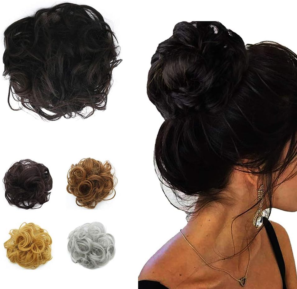 PrettyWit Scrunchie Messy Hair Bun Updo Hairpiece Wavy Bun Extensions Wrap On Instant Ponytail-Blackest Brown B
