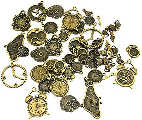 Youkwer 100 Gram Assorted Antique Clocks and Watches Alloy Charms Pendant Mixed Clock Pointer for DIY Jewelry Making and Crafting Accessaries (100 Gram,Antique Bronze)