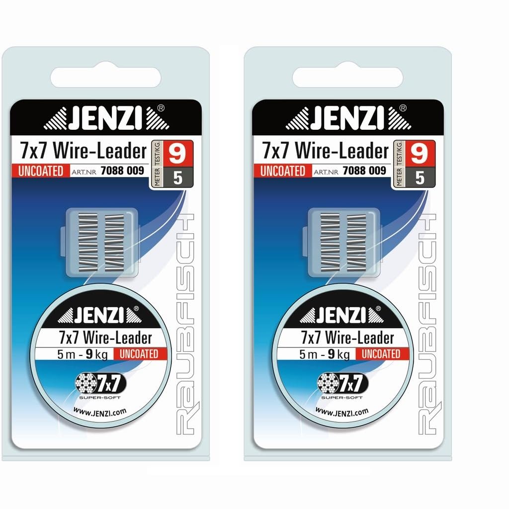 Set: 2 x Jenzi steel leader, Powerflex, 7 x 7 9 kg, with 20 clamping sleeves and free Petri Heil! Sticker.