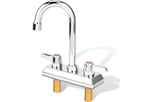 BIETOR Commercial Bar Sink Faucet,4 Inch Center Deck Mount Bar Sink Faucet，2 Hole Brass Constructed,Chrome Polished with 3.8" Gooseneck Spout and 90°Rotatable Dual Lever Handles.