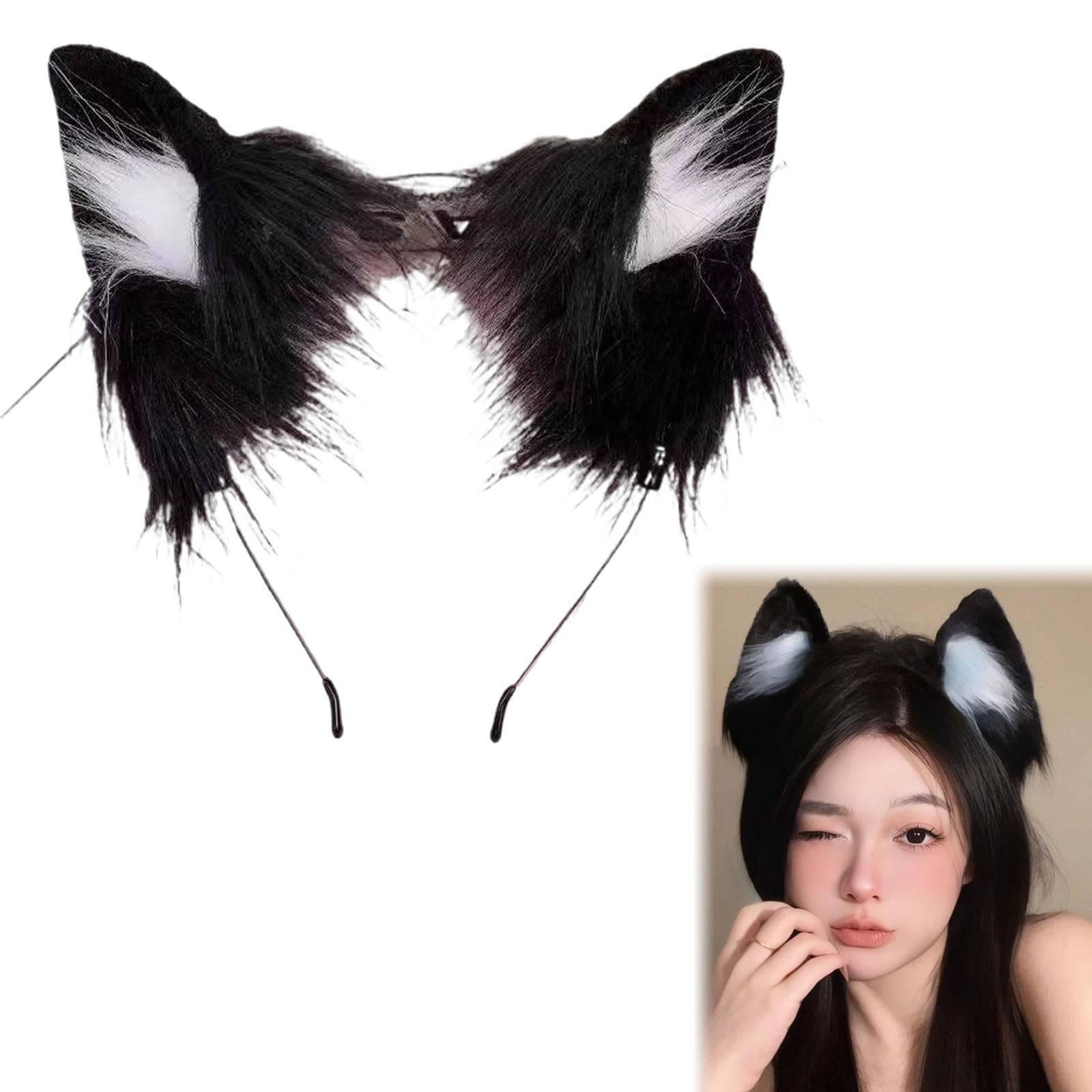 Rakiuty Faux Fur Cat Ears Headband,Cute Christmas Headbands for Adults Kids,Cat Ears Headwear Fancy Dress Cosplay Animal Furry Ear Head Accessories for Halloween,Carnival,Xmas Party (Black White)