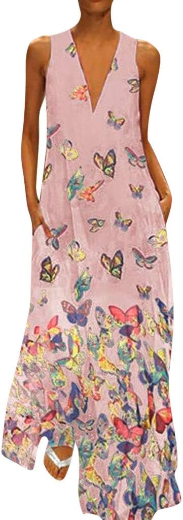 Women Dress Casual Butterfly Print Dress Sleeveless Loose Party Long Dress Summer Fashion Beach Elegant Maxi Dress