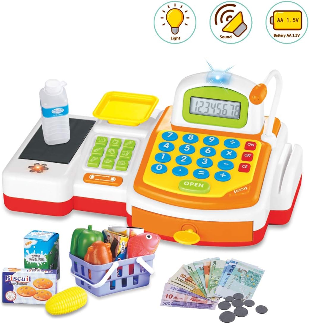 deAO Caja Registradora Electrónica de Juguete con Micrófono, Cinta y Lector de Tarjetas Conjunto de Accesorios de Tienda y Supermercado Infantil Incluye Alimentos de Juguete (Amarilla): Amazon.es: Juguetes y juegos