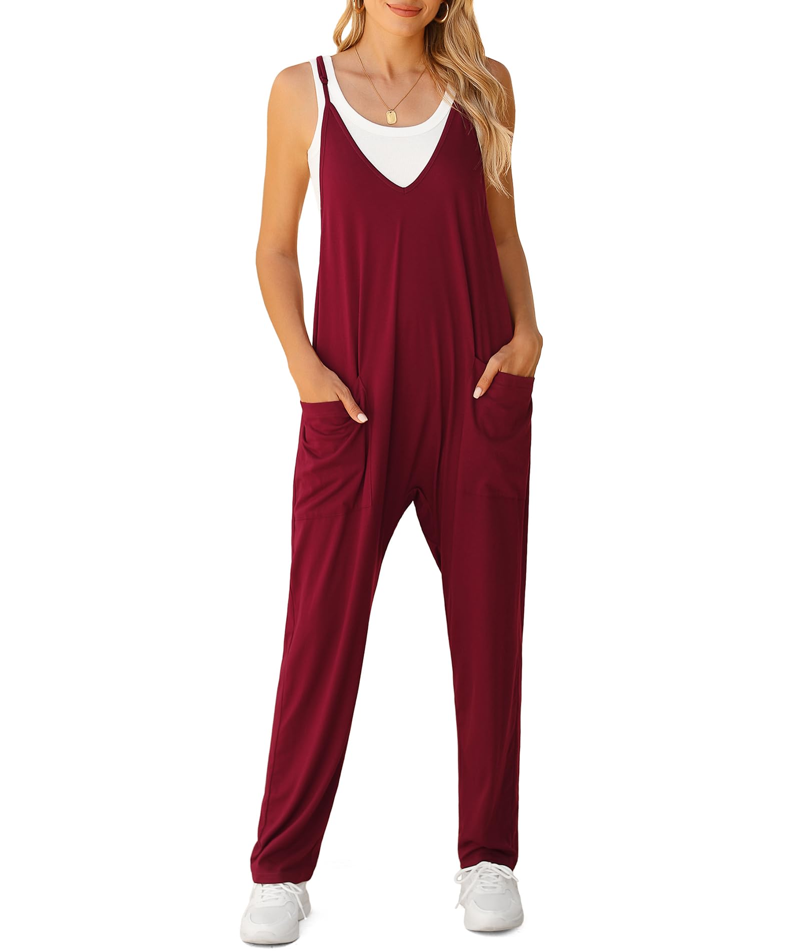 Photo 1 of LILBETTER Women's Loose Sleeveless Jumpsuits Adjustable Spaghetti Strap Stretchy Long Pant Romper Jumpsuit with Pockets(01 Wine Red,Large)