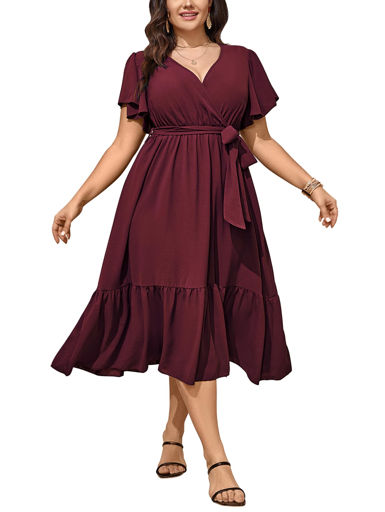 Photo 1 of SCOMCHIC Womens Plus Size Wedding Guest Dresses Summer Wrap V Neck Short Sleeve Belted Ruffle Hem A-Line Flowy Maxi Dress Burgundy