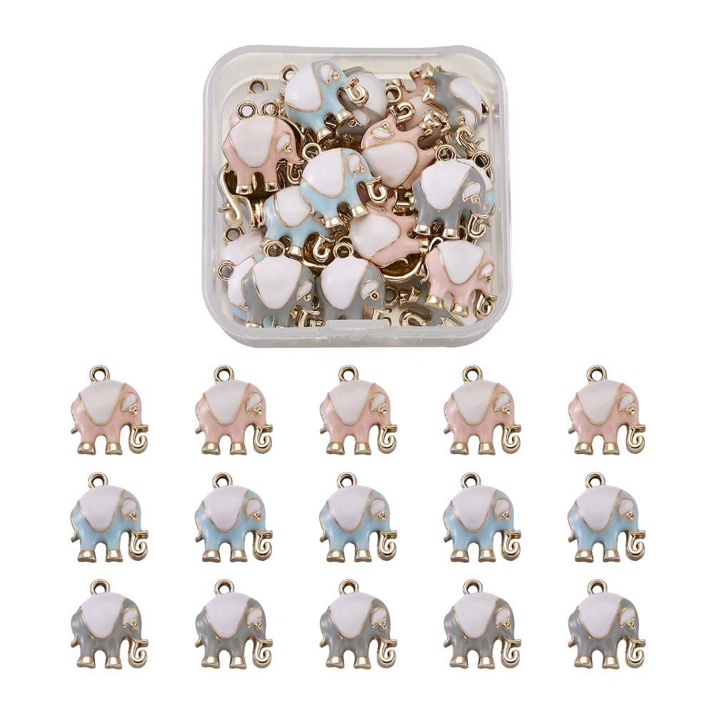 Cheriswelry 30pcs Alloy Enamel Elephant Pendants 3 Colors Cute Lucky Elephant Wildlife Dangle Charms Light Gold Plated for Jewellery Making Hole:1.8mm