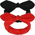 Hicarer 2 Pcs Bandana Headband for Women Retro Cotton Wide Headwrap with Bows Vintage 4th of July Patriotic Decor Adjustable Rabbit Ear Bow Hairband for Women and Girls(Red and Black)