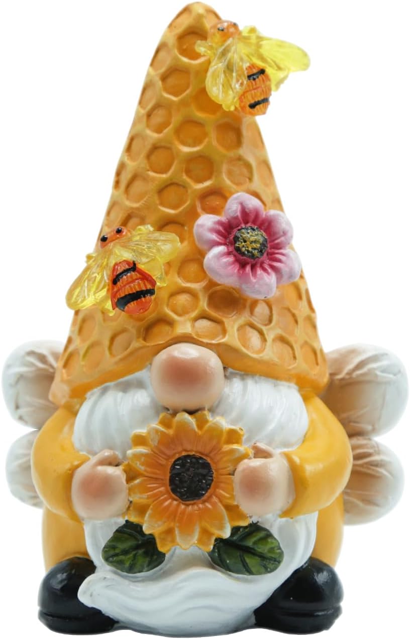Garden Sculptures & Statues - REYISO Garden Gnomes Christmas Decor-Garden Statues Resin Bee Gnomes Figurine with Solar Bee Lights-Outdoor Garden Decor-Fairy Garden Accessories for Patio Yard Lawn-Unique Sunflower Gifts