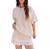 Esmeling Women Summer 2 Piece Skirt Sets Round Neck Short Sleeve Outfits Casual Tops and Pleated Skirts Sets