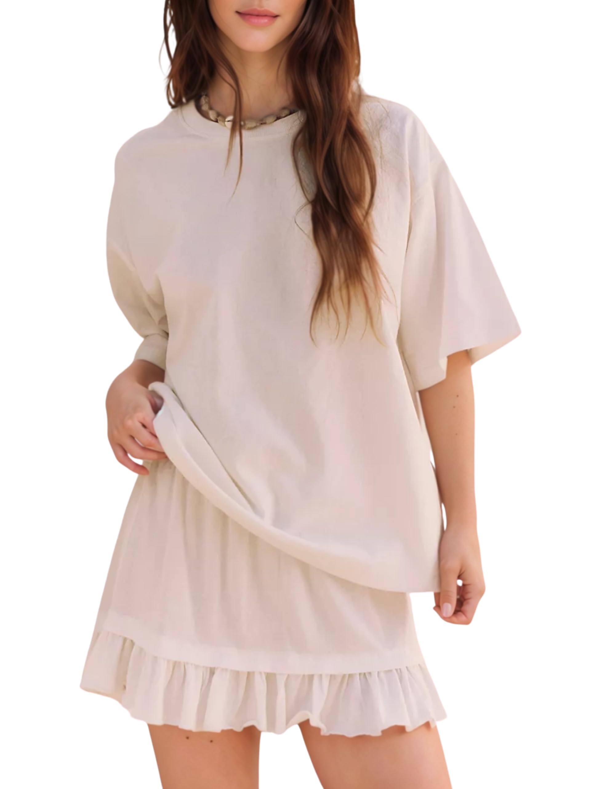 Photo 1 of Esmeling Women Summer 2 Piece Skirt Sets Round Neck Short Sleeve Outfits Casual Tops and Pleated Skirts Sets(1069-White-S)
