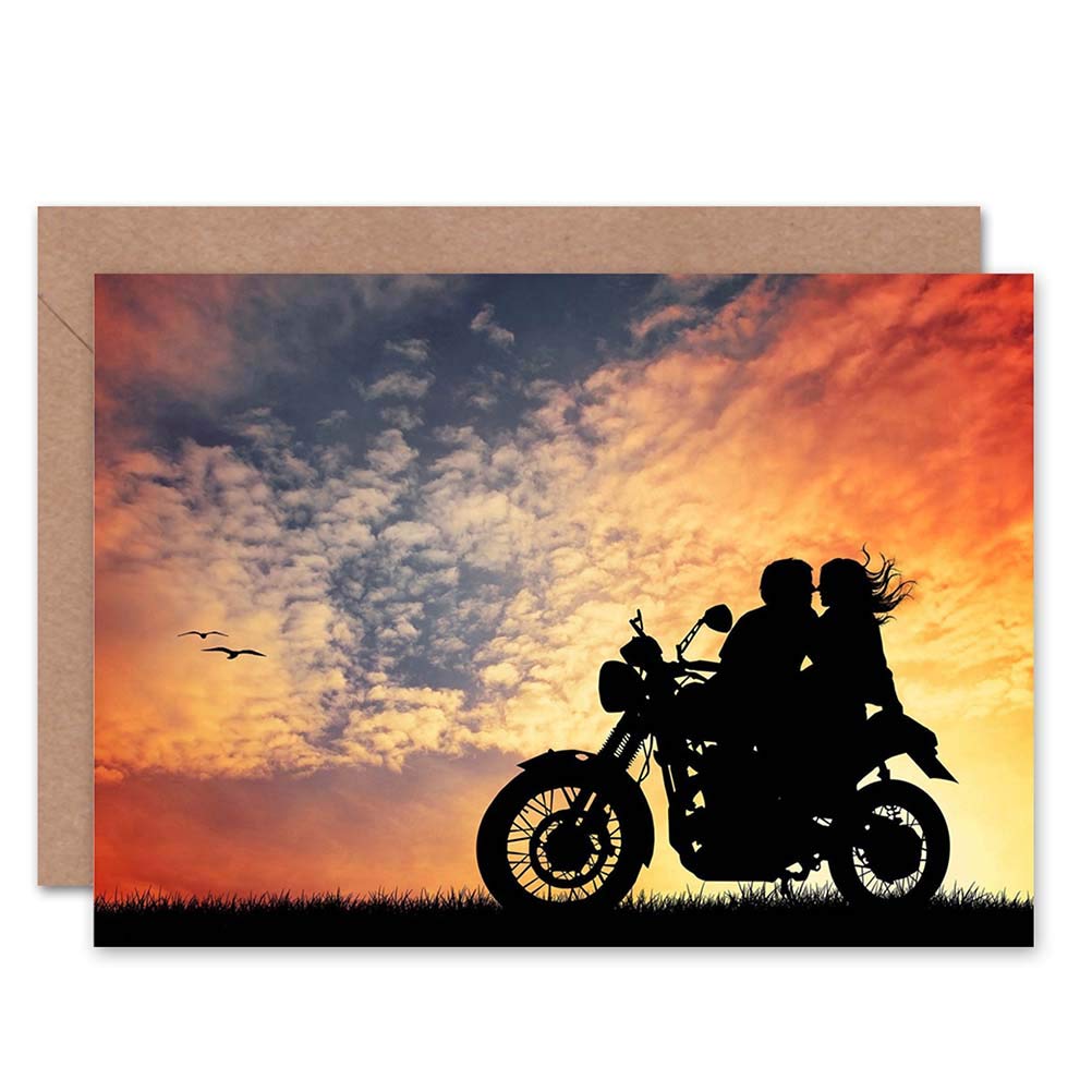 Wee Blue Coo Couple On Motorbike - Romantic Sunset Silhouette, Blank Card