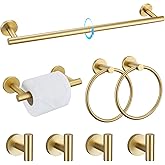 TQKAG 8-Pieces Bathroom Hardware Set Brushed Gold SUS304 Stainless Steel Bath Towel Bar Set 23.6 Inch Round Bathroom Accessories Kit Wall Mounted