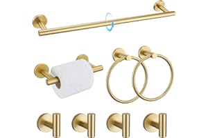 TQKAG 8-Pieces Bathroom Hardware Set Brushed Gold SUS304 Stainless Steel Bath Towel Bar Set 23.6 Inch Round Bathroom Accessories Kit Wall Mounted