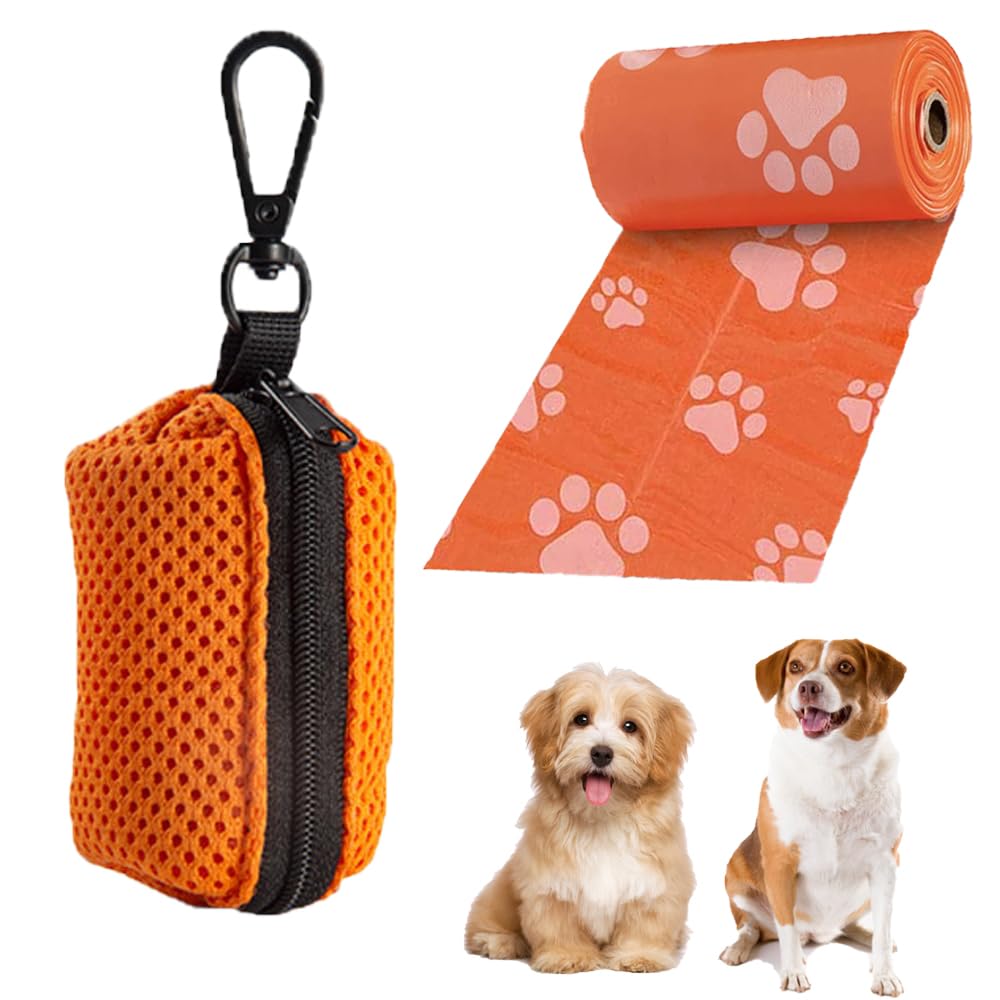 Poo Bag Holder with Dog Poo Bags Reusable Mesh Dispenser Pouch Leash Attachment Poop Waste Bag Pet Supplies for Travel Walking Park and Outdoor Use