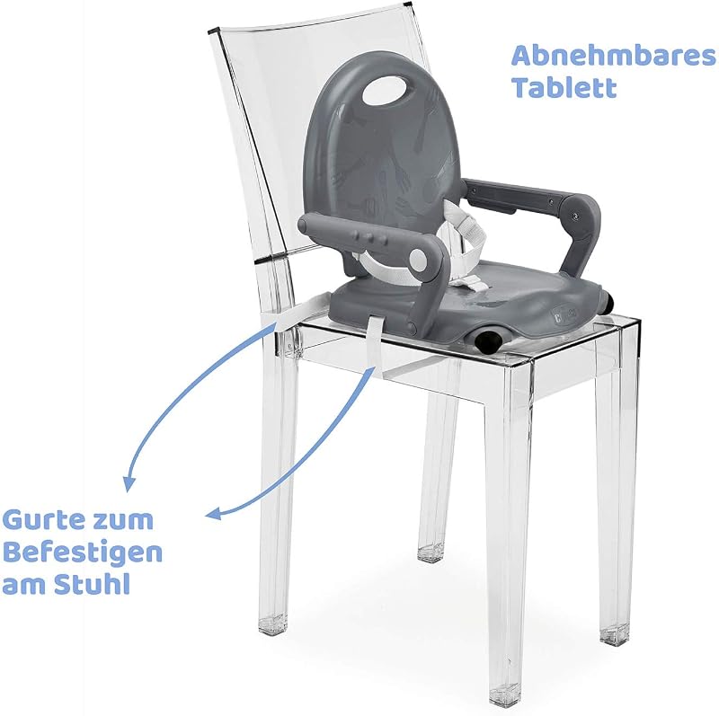 Pocket Snack Kindersitzerhöhung Esszimmerstuhl für Kinder von 6 Monaten bis 3 Jahren 15kg,tragbarer und verstellbarer Babyhochstuhl mit kompaktem Verschluss und abnehmbarem Tablett DARK GREY