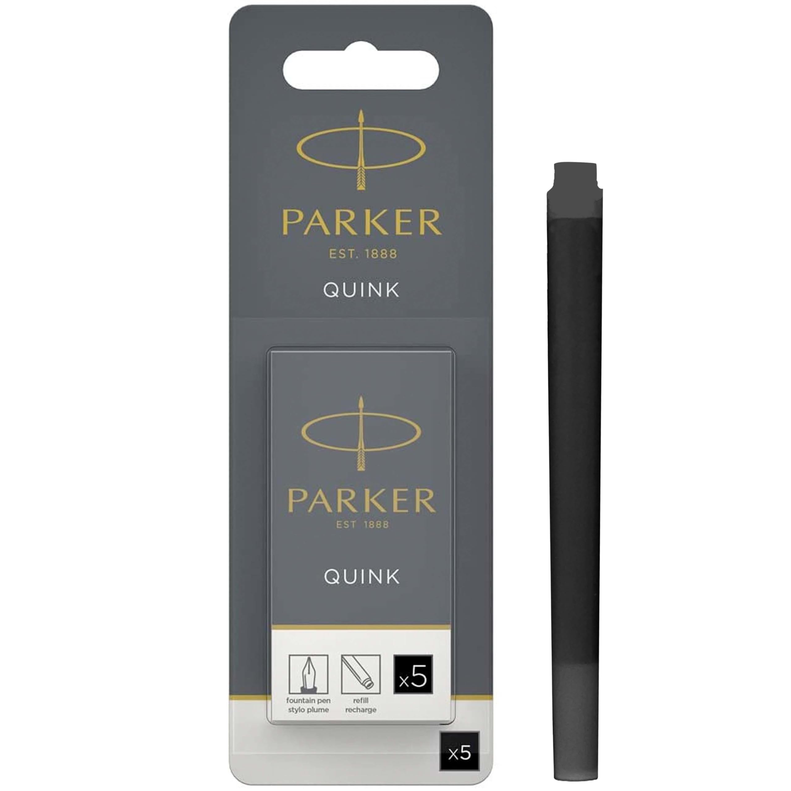 Parker Fountain Pen Ink Refill Cartridges | Long | Black QUINK Ink | 5 Count (Blister)
