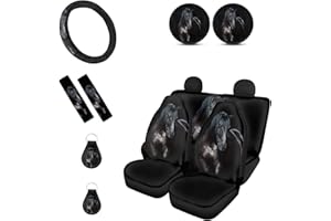 Wanyint Car Seat Cover Full Sets Black Horse Animal Prints Auto Steering Wheel Cover, Seat Belt Strap Wrap Cover+ SUV Truck Vans Sedans Cup Holder Coasters Keychains