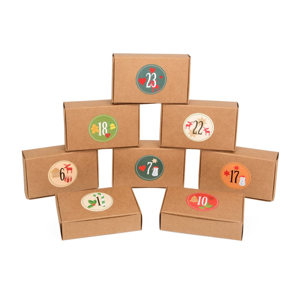 EAST-WEST Trading 24 Brown Gift Boxes Natural + 24 Advent Stickers, for Individual Advent Calendar or Small Gifts, Candy Boxes, for Biscuits, Sweets, Decorative Gift Boxes
