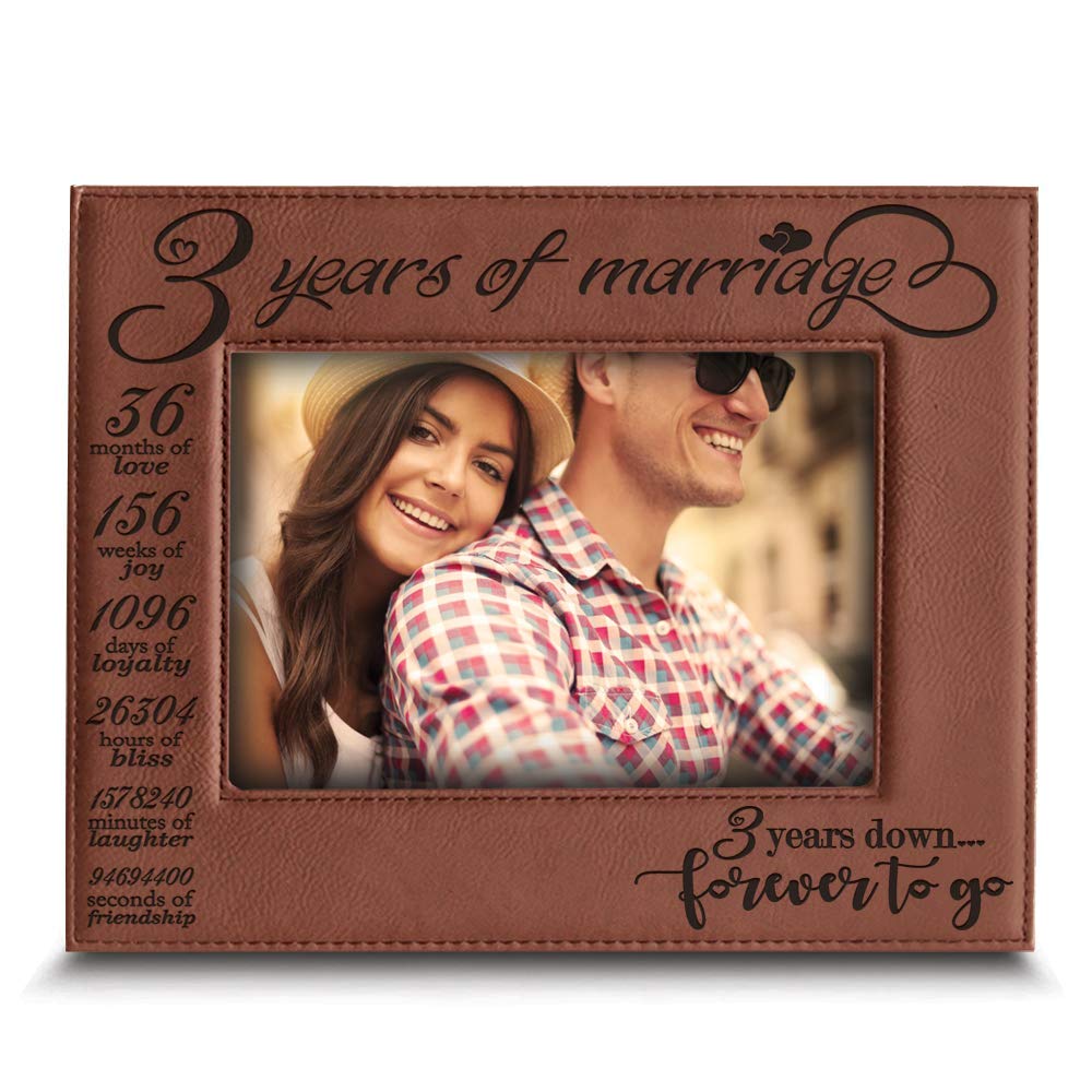 BELLA BUSTA - 3 Years of Marriage-3 years Down-Forever to go - Engraved Leather Picture Frame