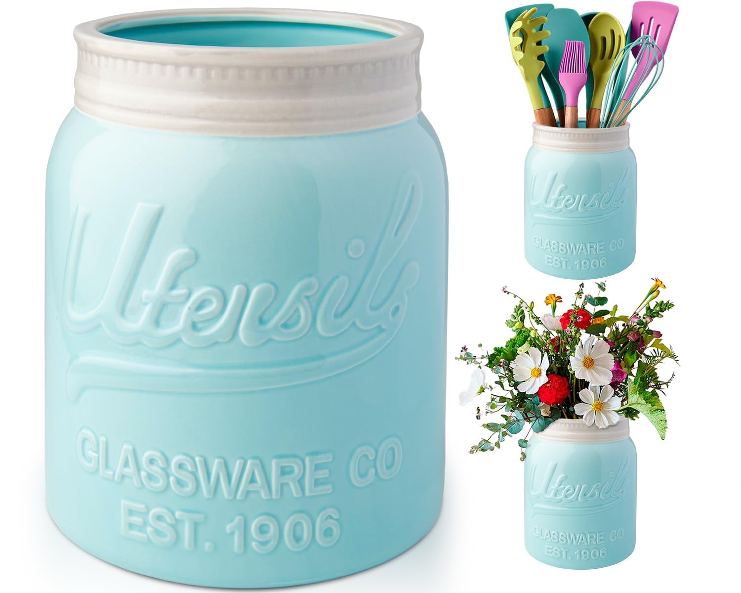 Photo 1 of Comfify Wide Mouth Mason Jar Utensil Holder Decorative Kitchenware Organizer Crock, Dishwasher Safe - Kitchen Caddy Aqua Blue for Countertop, Large Size 7" Hight