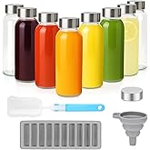 Zukro Glass Water Bottles with Lids 10.5 oz, 8 Pack Clear Reusable Glass Small Juice Bottles With Stainless Steel Cap for Juicing, Milk, Ginger Shot, BPA-Free Leak Proof 300ml Drinking Container Jar
