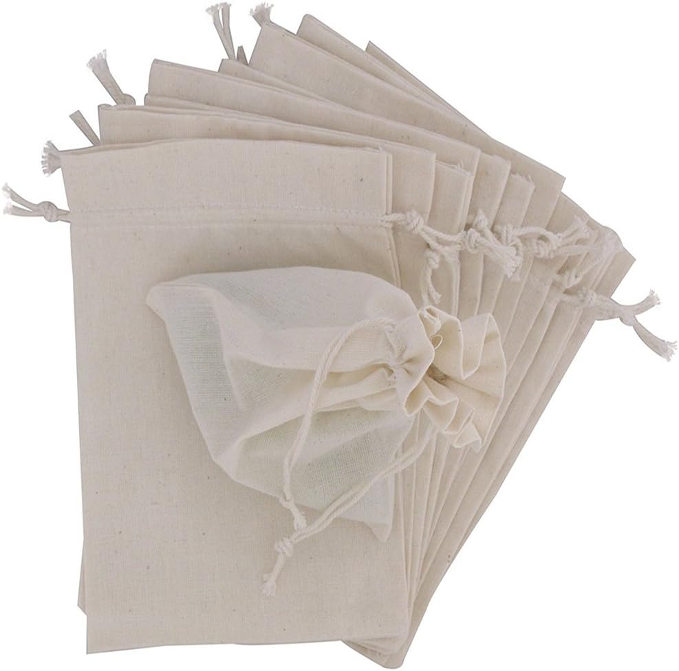 Natural Color 100 Percent Cotton Muslin Drawstring Bags 12-Pack For Storage Pantry Gifts (5 x 7 inch - 12 pack)
