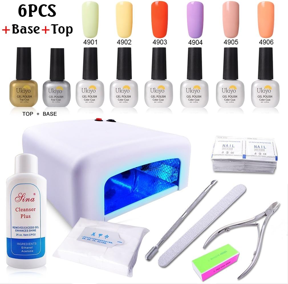 Ukiyo 6pcs Nail Polish,Macaron Color Soak Off Gel Polish Kit +Top Base Coat +36W UV LED Nail Lamp Cleanser Plus Manicure New Starter Nail Art Tool Set