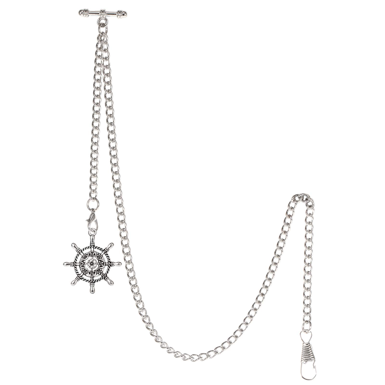 TREEWETO Men's Albert Chain Pocket Watch Curb Link Key Chain 2 Hooks with Antique Silver Rudder Pendant Design Charm Fob T Bar