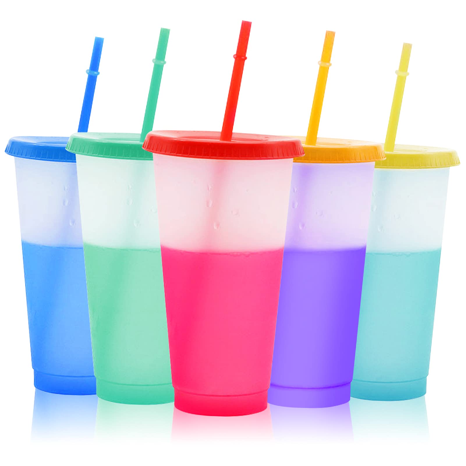 SHINROAD 5Pcs/Set Cold Drink Cups, Eco-Friendly Coffee Cups Color Changing Cups 24oz Reusable Travel Mug BPA Free Colored Changeable Tumbler with Straws Cleaning Brush