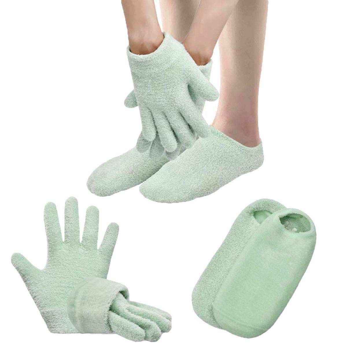 Moisturizing Socks and Gloves Overnight, Gel Gloves and Socks for Dry Cracked Feet Women & Hands Spa Treatment, Gel Lining Infused with Essential Oils and Vitamins(Green) : Beauty