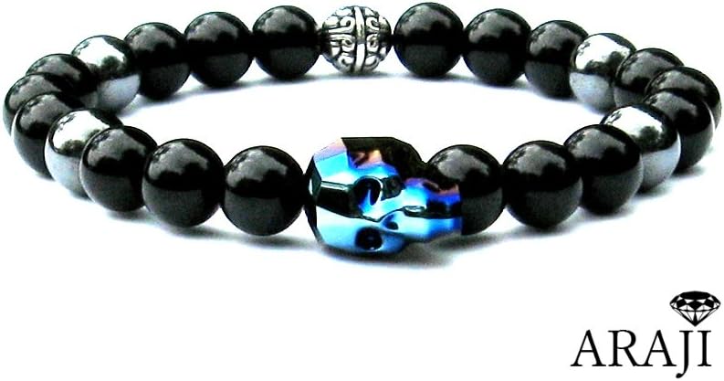 Swarovski Skull Crystal Men's Semiprecious Gemstone Stretch Bracelet Natural High Grade Black Obsidian & Hematite (8)