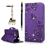 Galaxy J3 Case, Galaxy Express Prime Case, Amp Prime Case, Luxury 3D Handmade Bling Crystal Rhinestone Embossed Butterfly PU Leather Folio Flip Stand Card ID Holders Wallet Cover YOKIRIN, Purple