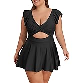 B2prity Women's Plus Size Swimsuit Tummy Control One Piece Swimdress Ruffle V Neck Cutout Wrap Bathing Suit with Skirt