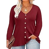 TIYOMI Plus Size Tops for Women Long Sleeve Henley V Neck Tunic Button T Shirts Fall Blouses XL-5XL