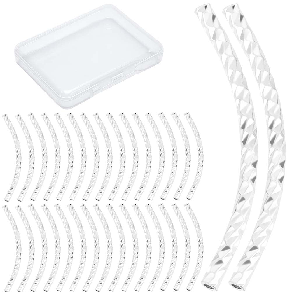 CREATCABIN 80 Pcs Curved Tube Beads Metal Smooth Noodle Tube Beads 925 Sterling Silver Plated Brass Long Curved Spacer Connectors Bulk Tube for Jewelry Making Wrist Anklet Necklace 25mm