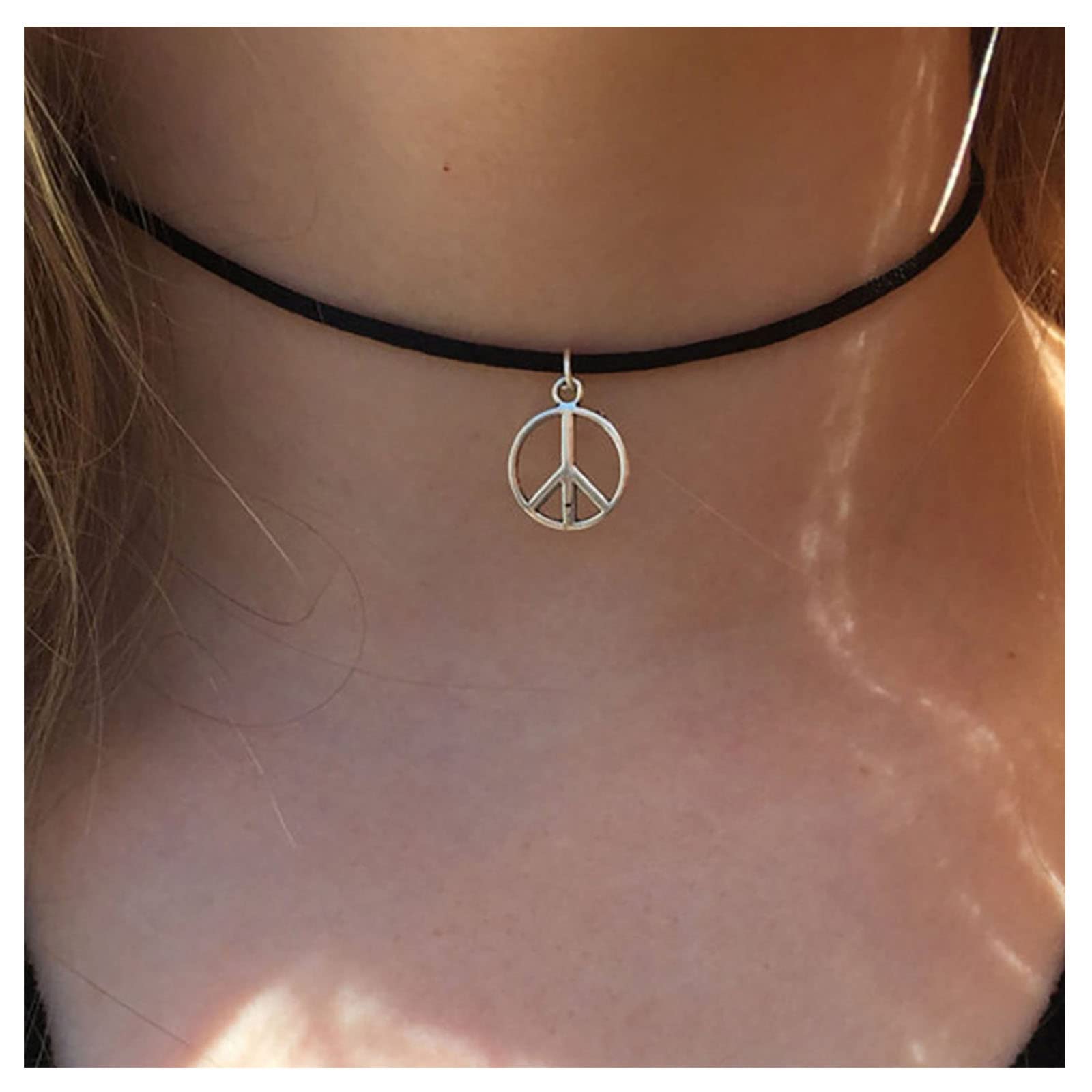 Andelaisi Boho Peace Necklace Choker Black Leather Choker Necklace Silver Love Peace Necklace Hippie Circle Pendant Necklaces Jewelry for Women and Girls