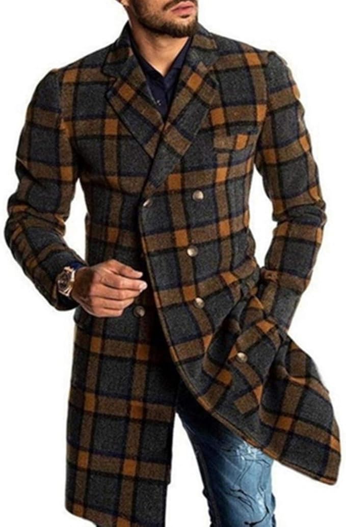 Men Coat Winter Woolen Coat Plaid Long Sleeve Jackets Fleece Men
