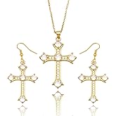 WETMT Gold Cross Earrings Necklace Set for Women Gold Cross Pendant Necklace Dainty Cross Dangle Drop Earrings Trendy Cubic Zirconia Earrings Statement Cross Jewelry Set