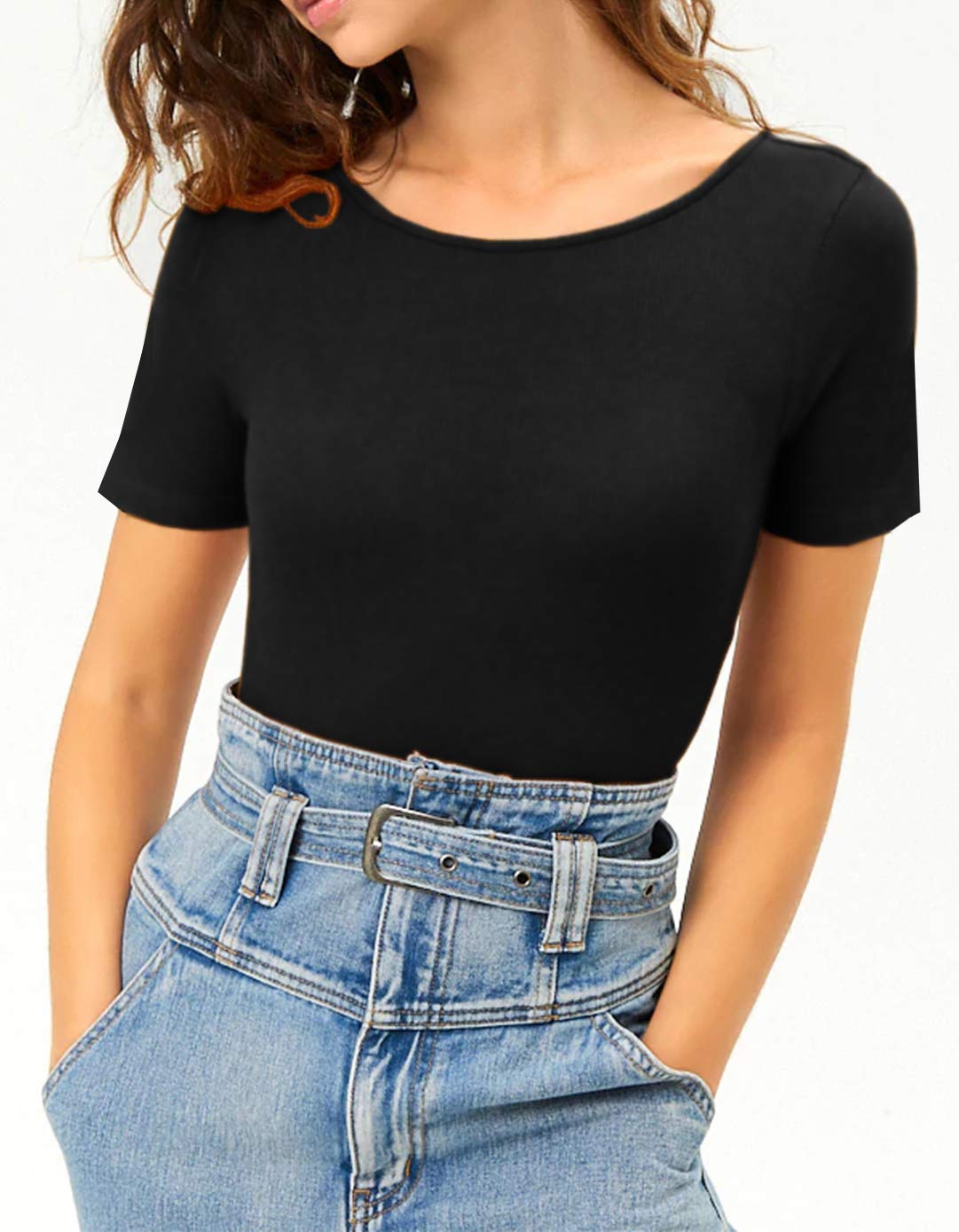 MANGDIUP Women's Round Collar Short Sleeve Basic Bodysuits Jumpsuits