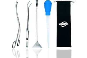 ACEONE Aquascaping Tools, 5 in 1 Stainless Steel Aquarium Tool Set with Wave Scissors, Tweezers, Spatula, Squirt Feeder, PH Tester for Fish Tank Aquatic Plant