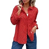chouyatou Women's Crochet Eyelet Button Down Rolled Up Long Sleeve Boho Shirt Blouse Tops