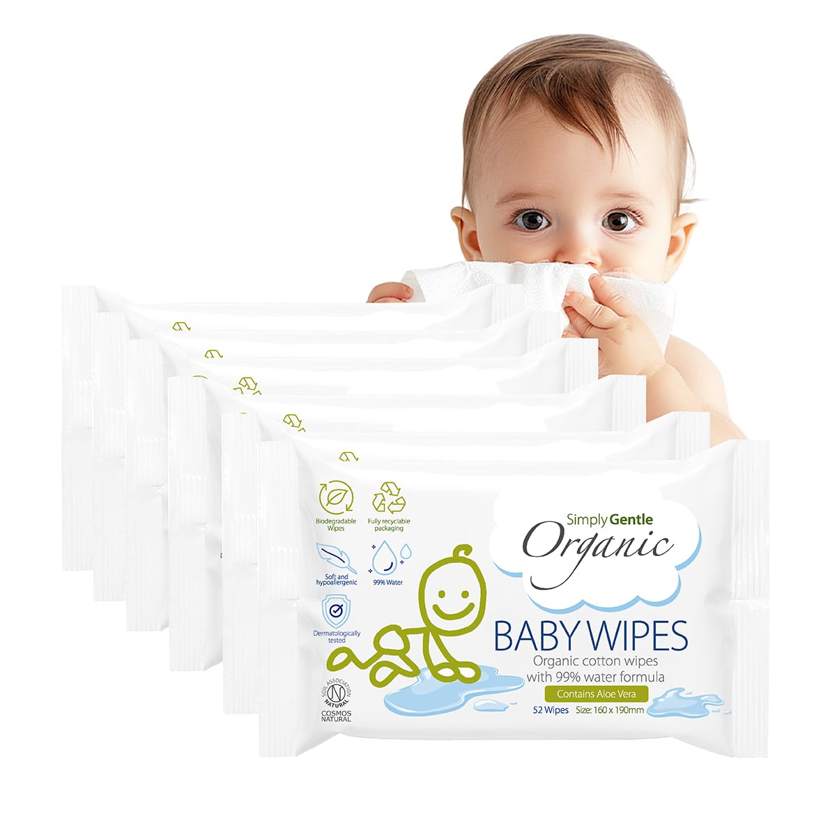 Simply Gentle Organic Baby Wet Wipes for Sensitive Skin, 99% Water, Fragrance and Plastic Free, Natural, Hypoallergenic for Newborns, Soft Moist Wipes, Biodegradable, 312 count (Pack of 6)