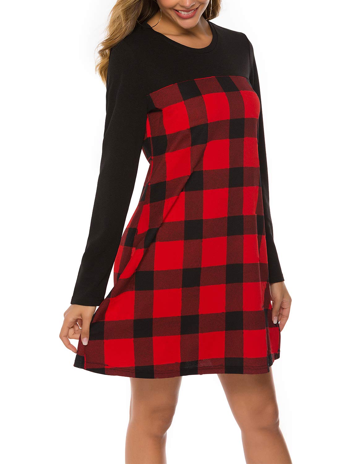 Blooming Jelly Women\'s Casual Plaid Dress Long Sleeve Round Neck Color Block Swing Tunic Dress(S, Red)