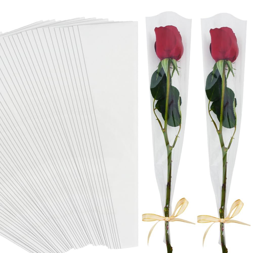 BEISHIDA 100 PCS Single Rose Sleeve Bouquet Bags Plastic Single Flower Wrapping Rose Packaging For Mother's Day Graduation Wedding Birthday Valentine's Day Party (fully transparent)