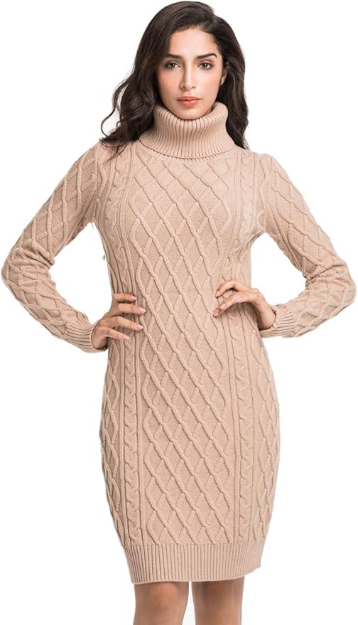 Margrine Womens Turtleneck Long Sleeve Knit Stretchable Elasticity Slim Sweater Mini Dress