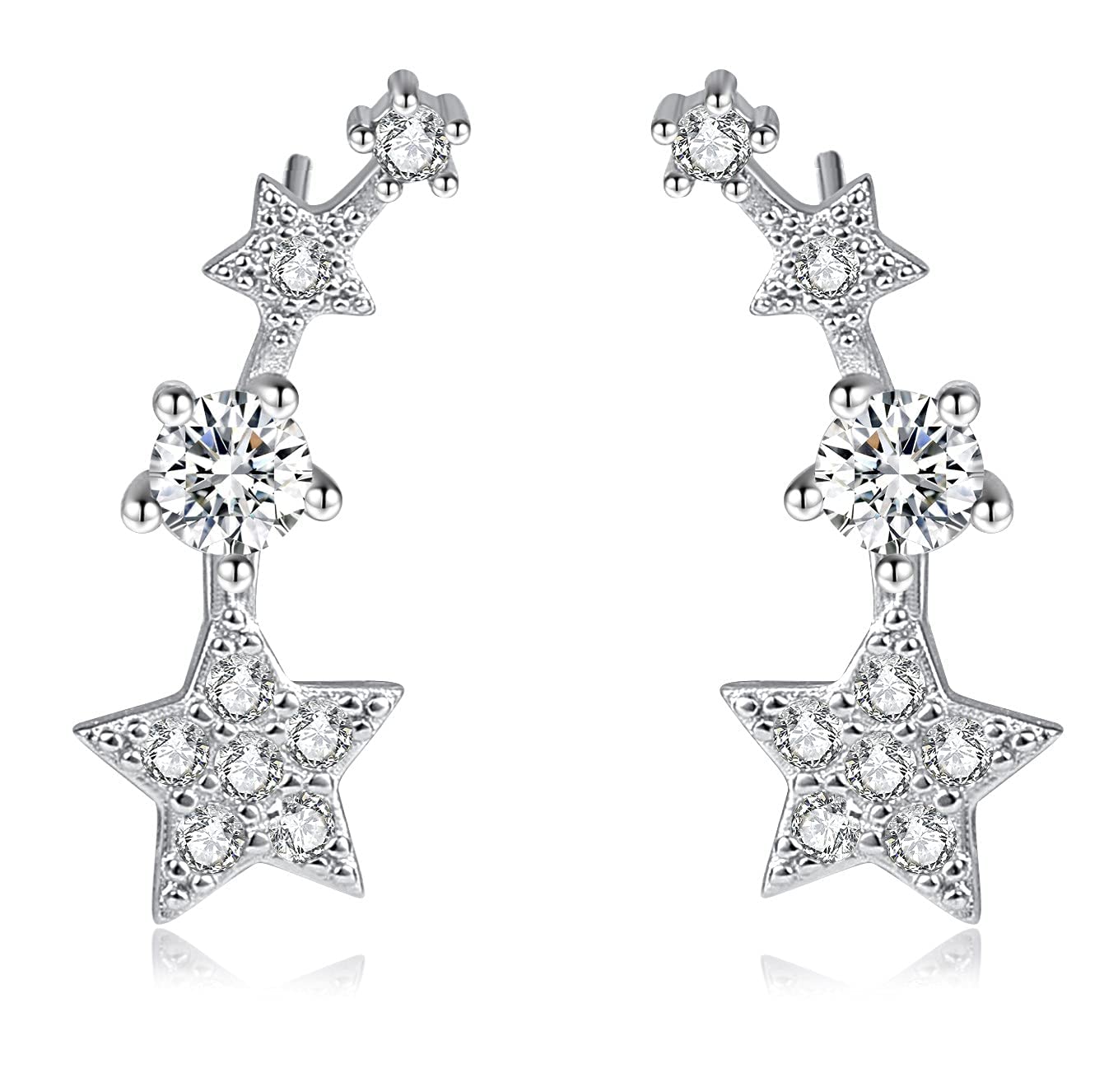 LadayPoa S925 Sterling Silver CZ Star Ear Climber Earrings for Women Ear Crawler Earrings Wrap Earring Fashion Ear Piercing