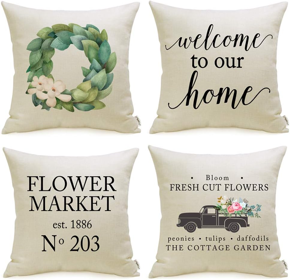 Meekio Set of 4 Farmhouse Spring Pillow Covers 18 x 18 Decorative Throw Pillow Covers for Spring Decor Housewarming Gifts