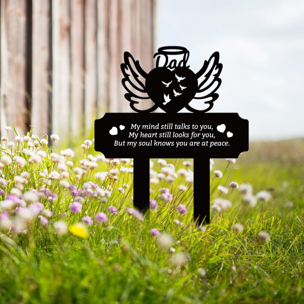 FREEBLOSS Metal Memorial Garden Stake for Dad, Heart Pattern Grave Markers for Cemetery, Commemorative Plaques, Sympathy Garden Stake Grave Decorations