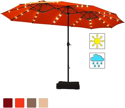 Tangkula 15 Ft Solar Led Patio Double Sided Umbrella With Base Solar Powered Led Outdoor Extra Large Market Umbrella With 36 Led Lights Crank Outdoor Twin Table Umbrella Base Included Orange Amazon Ca